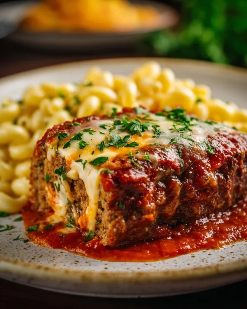 Delicious stuffed Italian meatloaf served with marinara sauce and herbs.