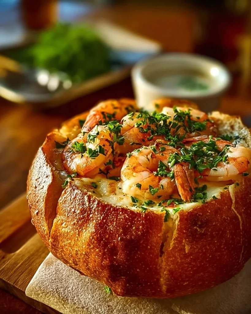 Delicious stuffed seafood soup in a bread bowl, perfect for seafood lovers.