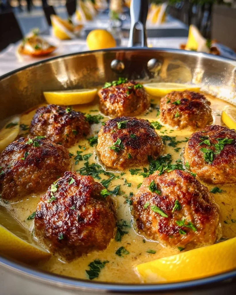 Plate of soft and juicy Greek meatballs in lemon sauce