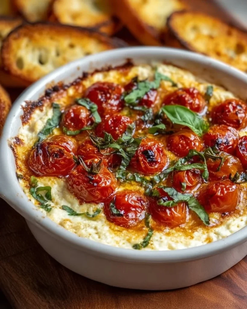 Three Cheese Tomato Bruschetta Dip served in a bowl with fresh ingredients