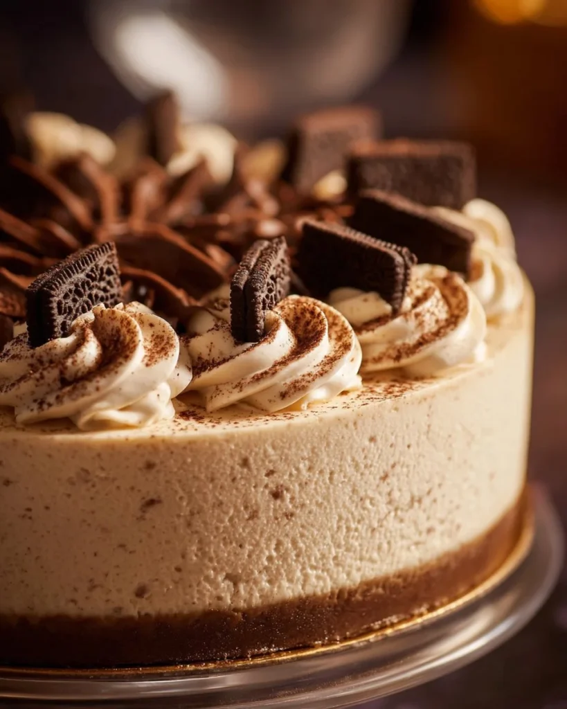 Delicious tiramisu cheesecake with cold brew coffee topping and cocoa dusting