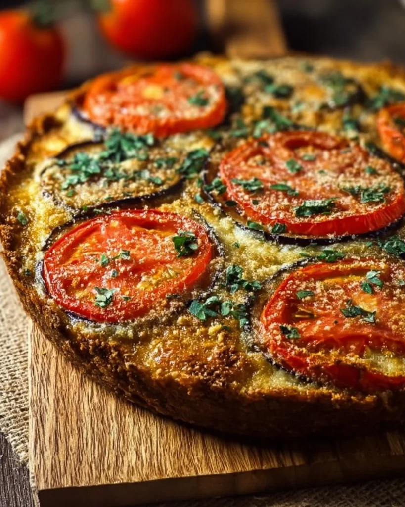 Delicious slice of Tomato and Eggplant Pie on a plate