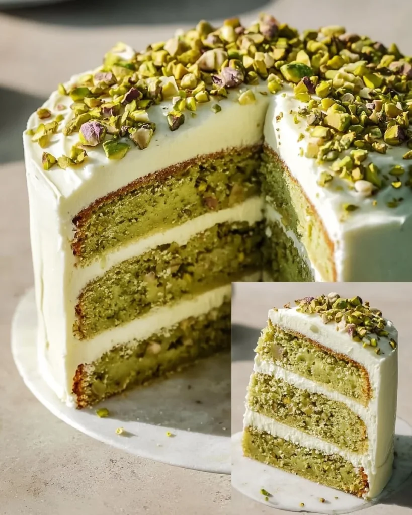 A slice of White Chocolate Pistachio Cake topped with chocolate drizzle and pistachios