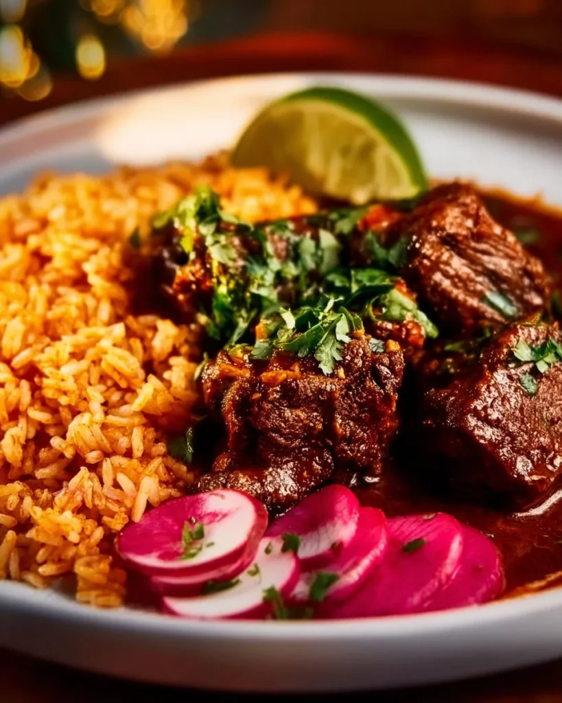 A delicious plate of authentic Beef Chile Colorado with tender beef and rich sauce.
