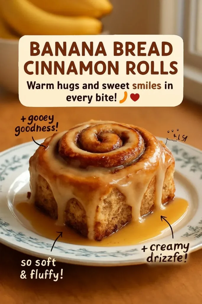 Banana bread cinnamon rolls drizzled with icing on a plate