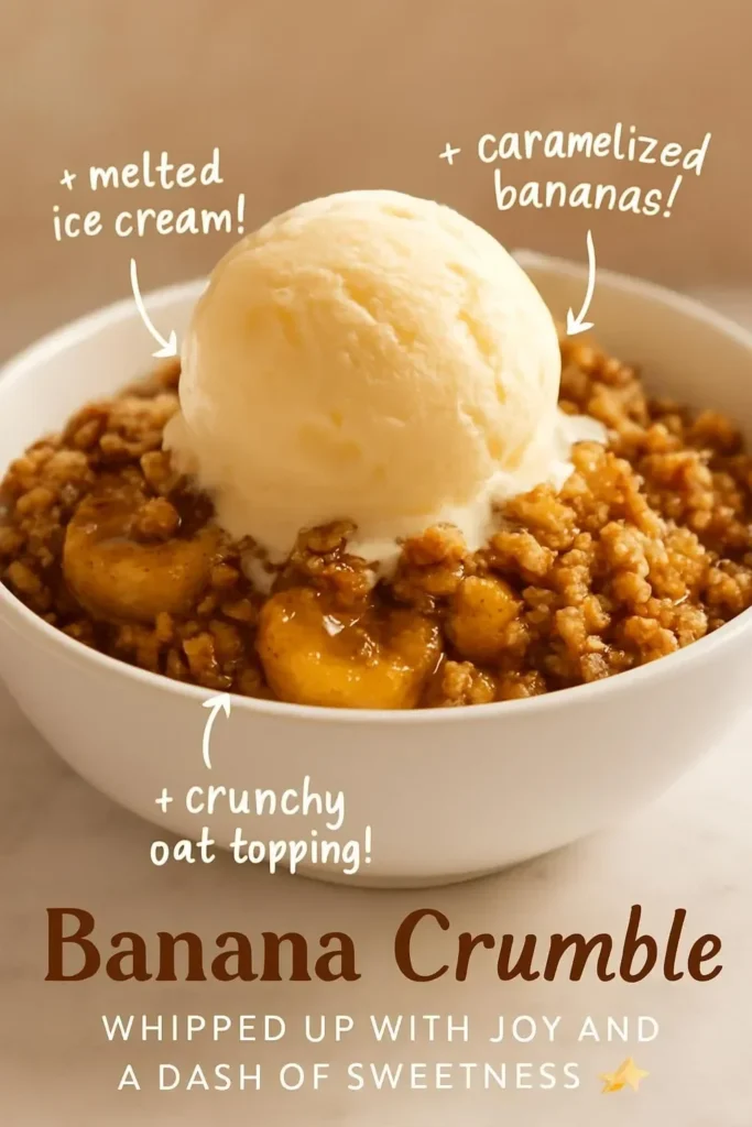 Delicious homemade banana crumble dessert topped with golden crumble