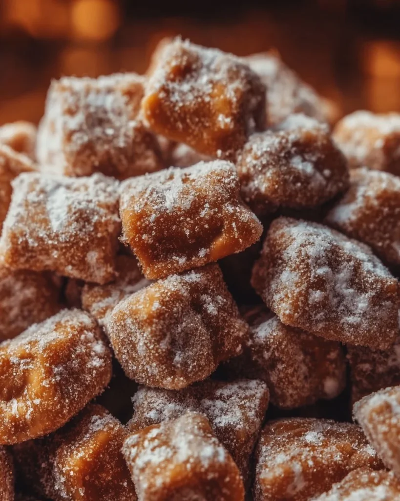 A bowl of caramel apple puppy chow with caramel drizzle and apple pieces