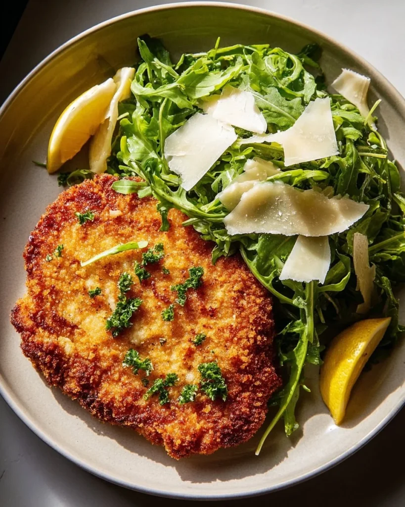 Crispy Chicken Milanese served with lemon wedges and salad