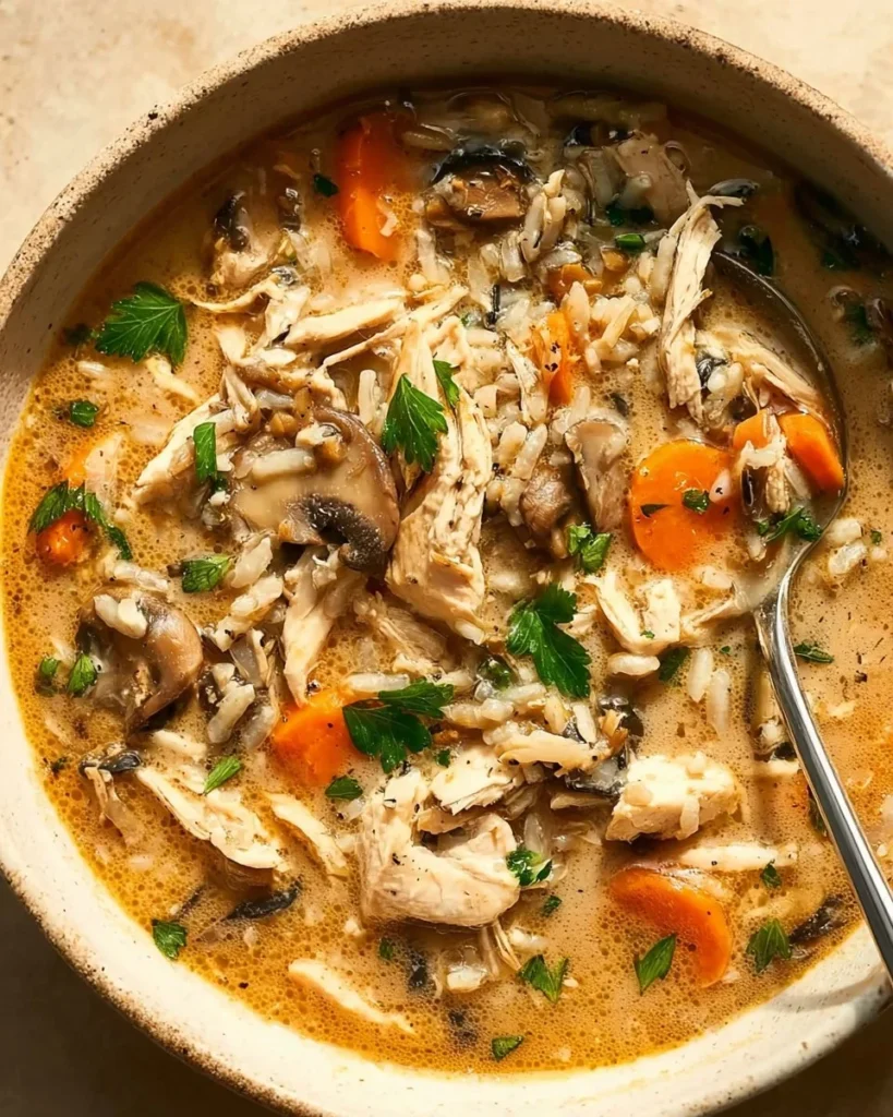 Bowl of Chicken, Mushroom & Wild Rice Soup featuring herbs and spices.