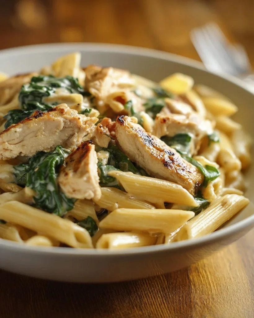 Creamy Chicken Spinach Penne pasta dish served in a bowl