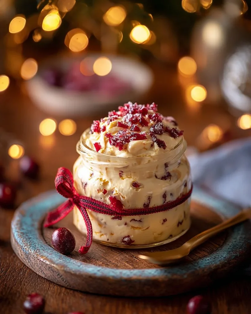A jar of creamy Christmas Cranberry Honey Butter with festive decorations