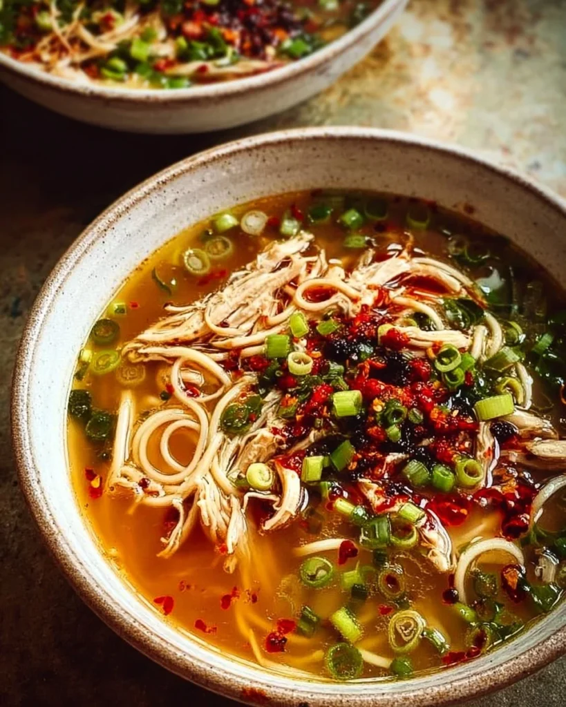 Bowl of Classic Ginger Garlic Chicken Noodle Soup garnished with herbs