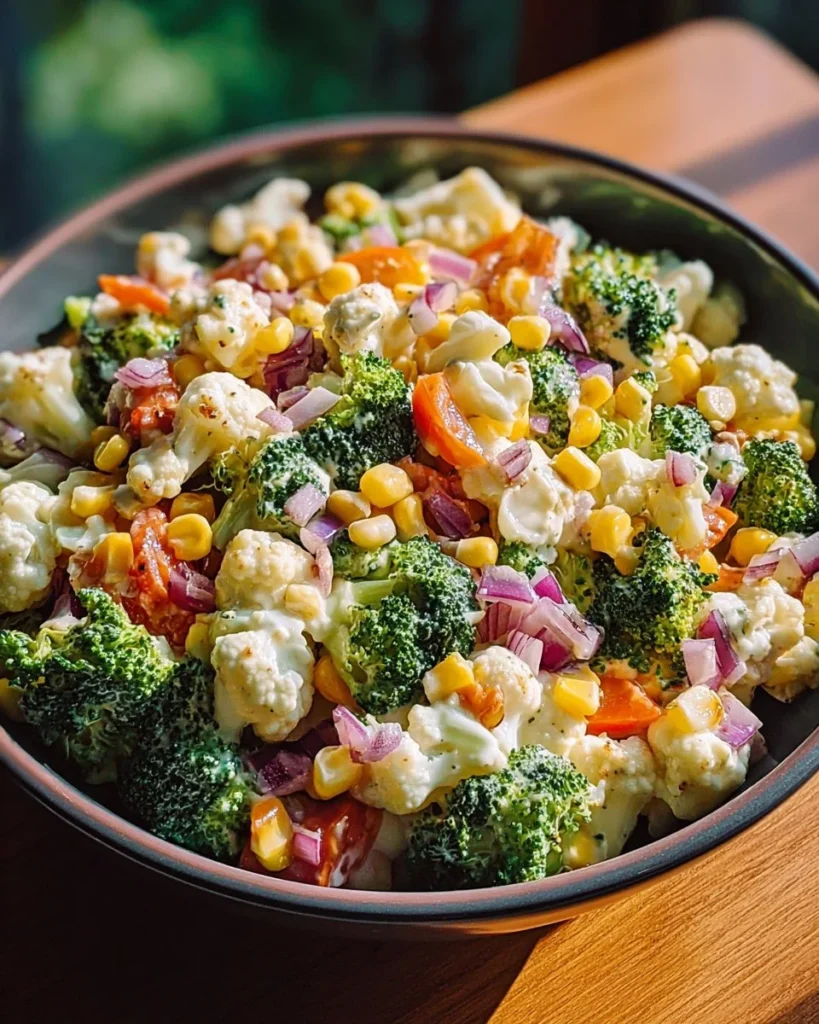 Creamy broccoli cauliflower corn salad in a bowl