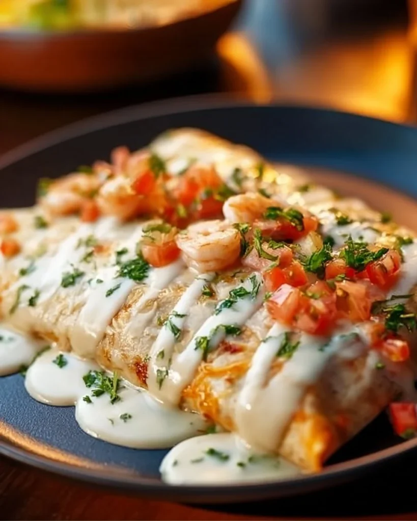 Creamy shrimp enchiladas topped with cheese and sauce served on a plate
