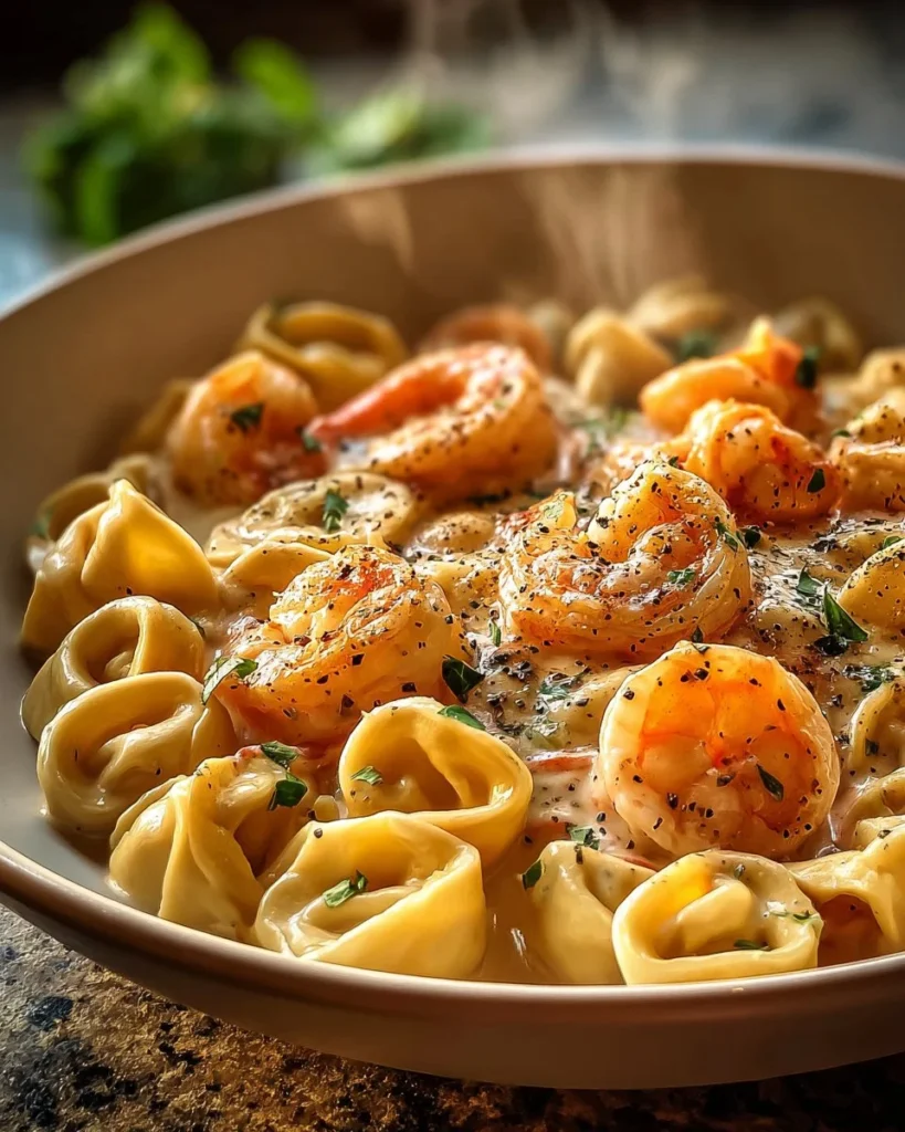 Creamy tortellini shrimp Alfredo dish garnished with parsley