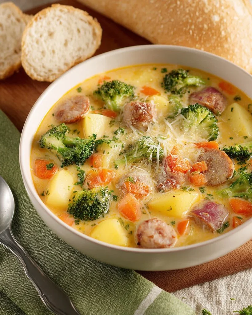 A bowl of creamy vegetable soup garnished with fresh herbs