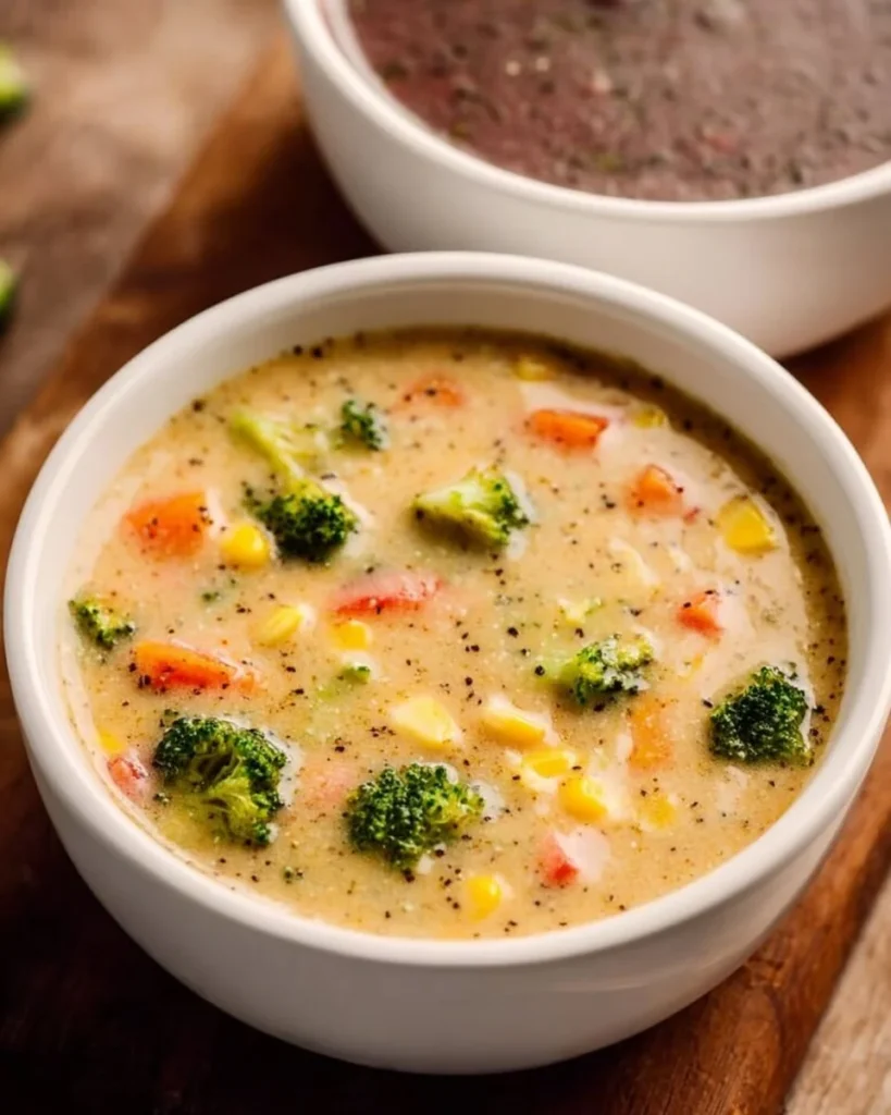 Bowl of creamy vegetable soup garnished with fresh herbs and vegetables