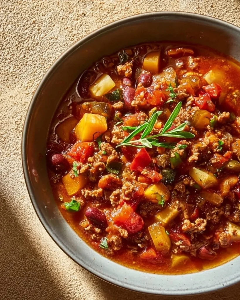 Delicious Crock Pot Shipwreck Stew featuring beans, meat, and veggies in a warm bowl.