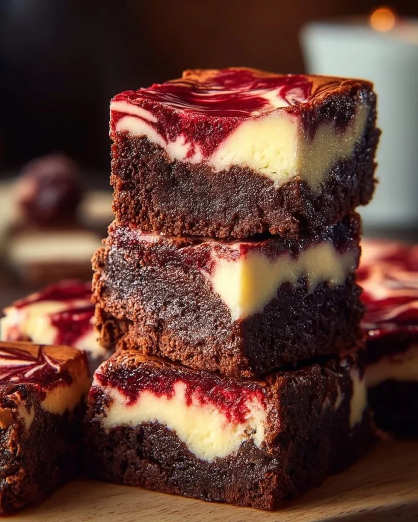 Decadent red velvet cheesecake brownies on a serving plate