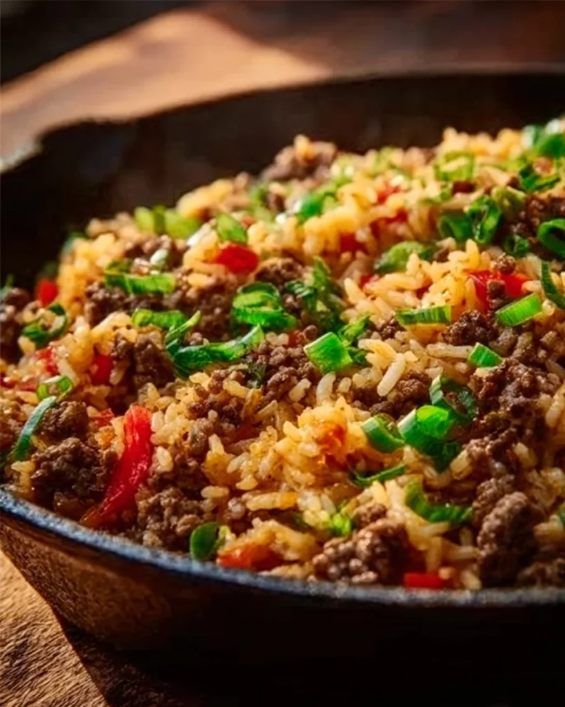 Plate of Dirty Rice with Ground Beef, a flavorful Cajun dish