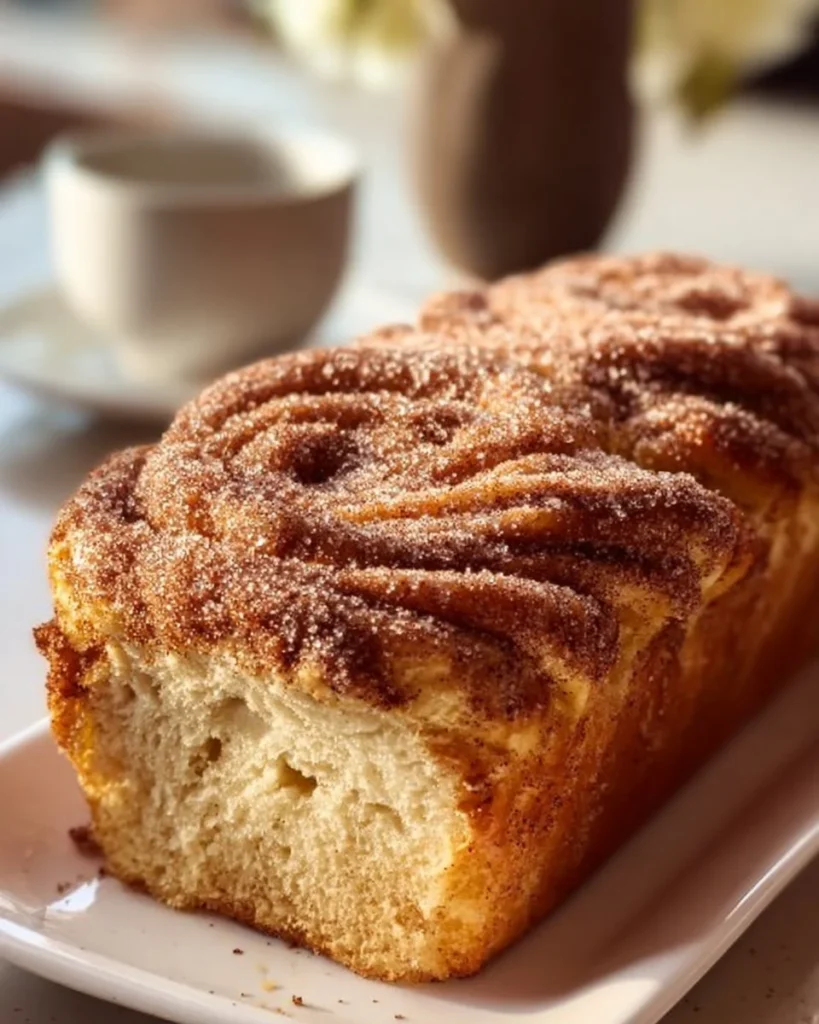 Slice of easy cinnamon donut bread on a wooden table