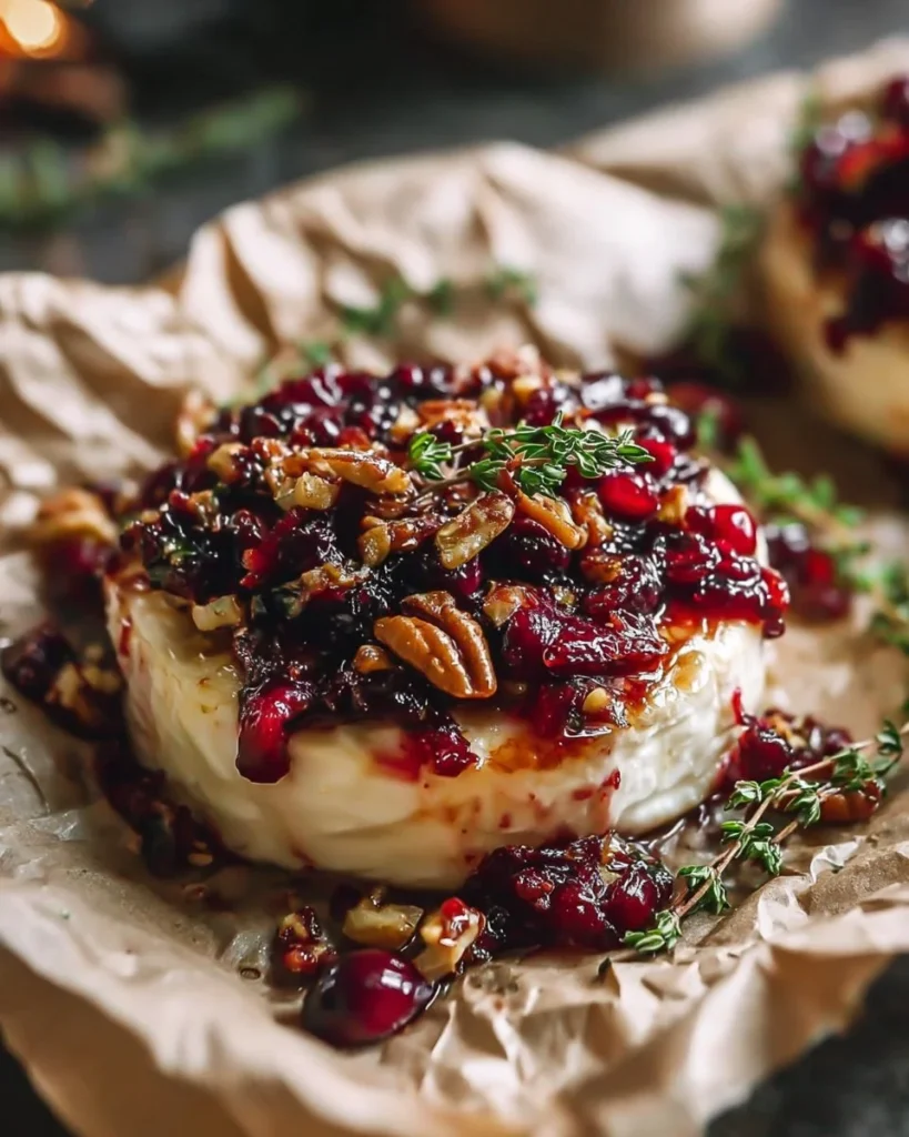 Cranberry pecan baked brie topped with nuts and cranberries on a wooden board.