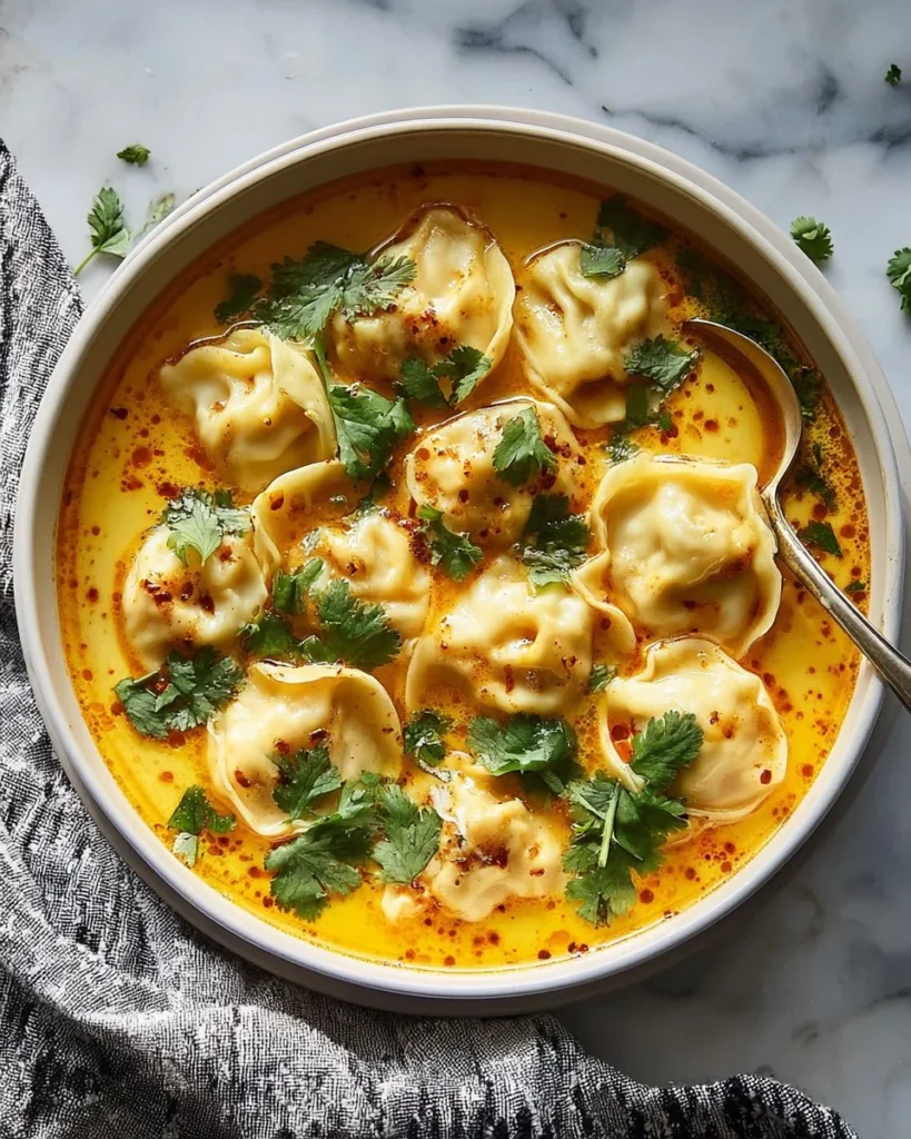 Bowl of Easy Thai Coconut Curry Dumpling Soup garnished with herbs and spices