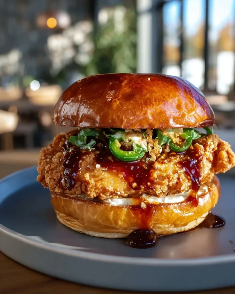 Delicious jalapeno honey fried chicken sandwich with crispy coating and toppings.