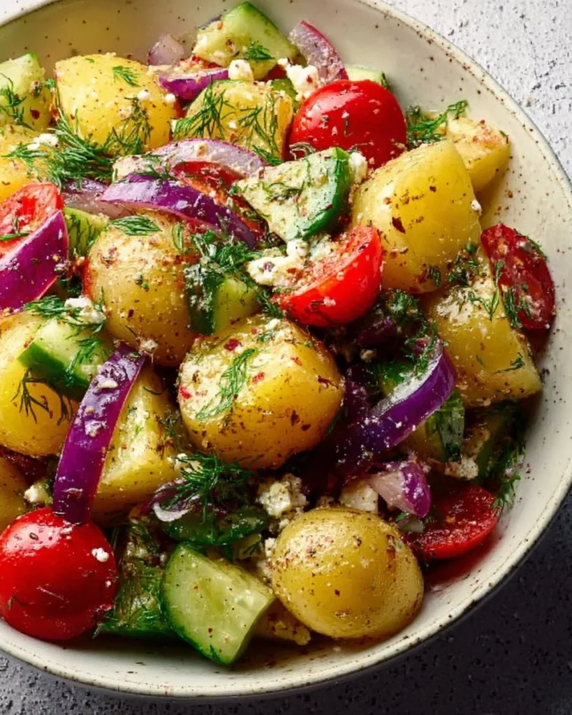 Delicious Greek Potato Salad with fresh herbs and vegetables