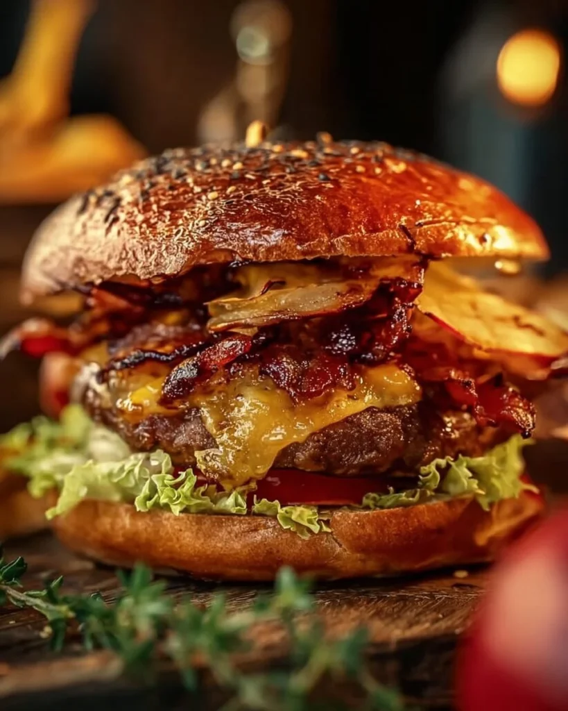 Harvest Apple Cider Gouda Smash Burger with fresh ingredients and toppings