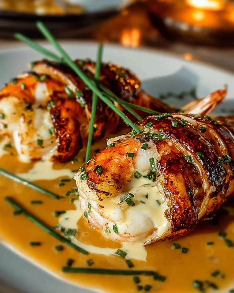 Delicious garlic butter lobster tails served with a side garnish