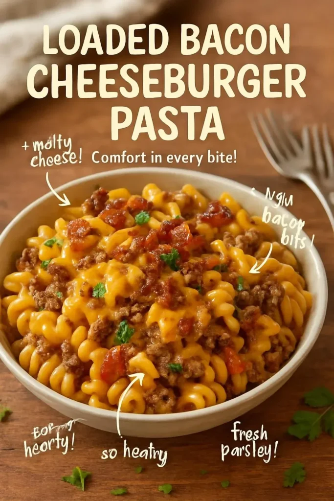 Bacon Cheeseburger Pasta topped with crispy bacon and melted cheese