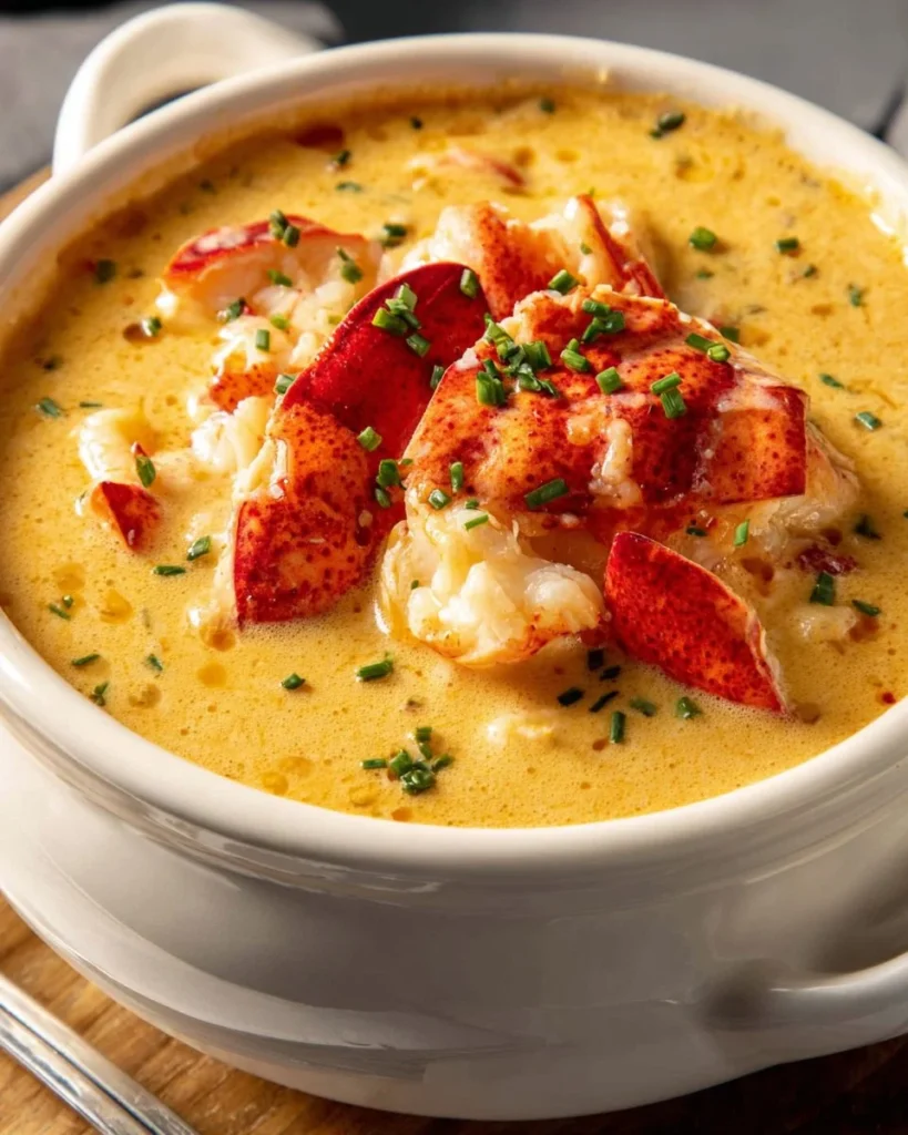 Delicious lobster pot pie garnished with herbs and served in a rustic dish