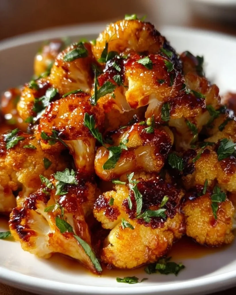 Maple Sriracha Cauliflower roasted to perfection with a sweet and spicy glaze