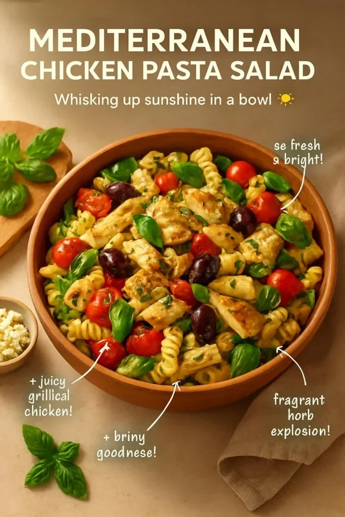 Delicious Mediterranean Chicken Pasta Salad with fresh vegetables and herbs