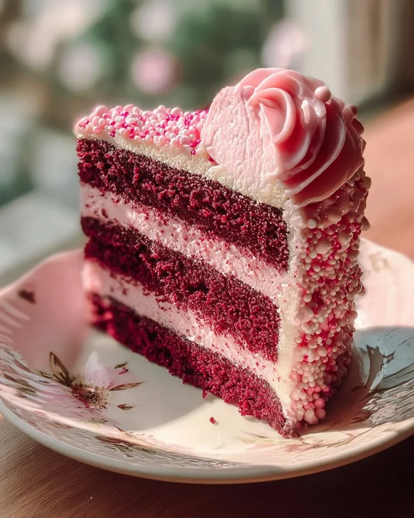 Mother's Day Pink Velvet Cake topped with cream cheese frosting