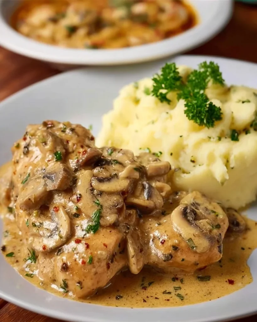 Juicy chicken with mushroom sauce served on a plate, garnished with fresh herbs