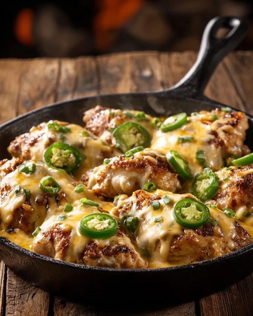 One pan cheesy jalapeño chicken dish with melted cheese and jalapeño slices