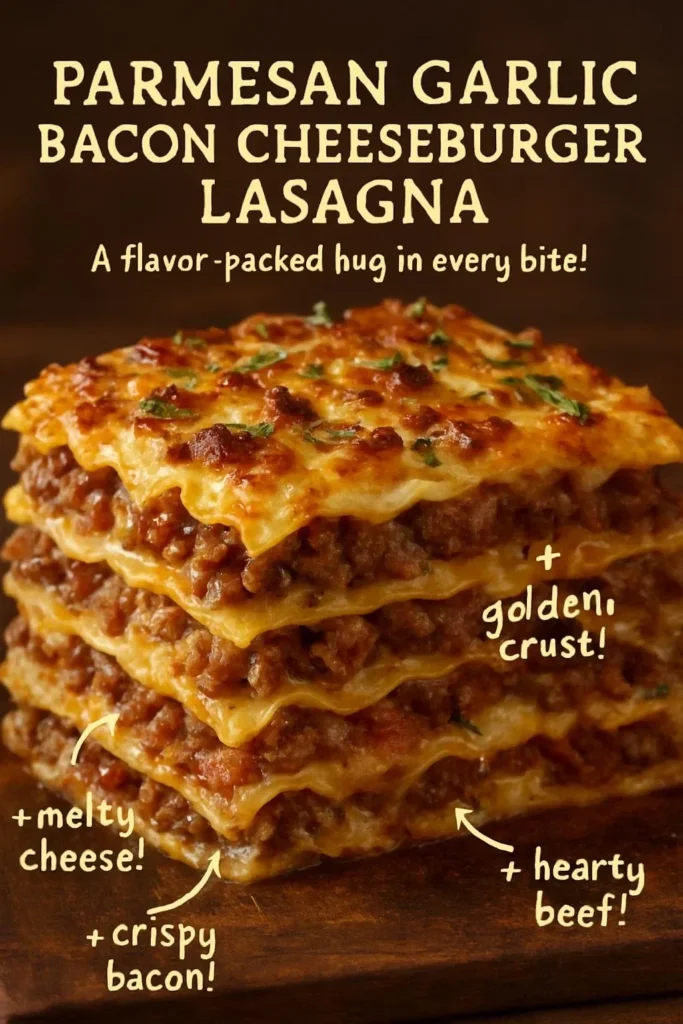 Delicious Parmesan Garlic Bacon Cheeseburger Lasagna with layers of cheesy goodness