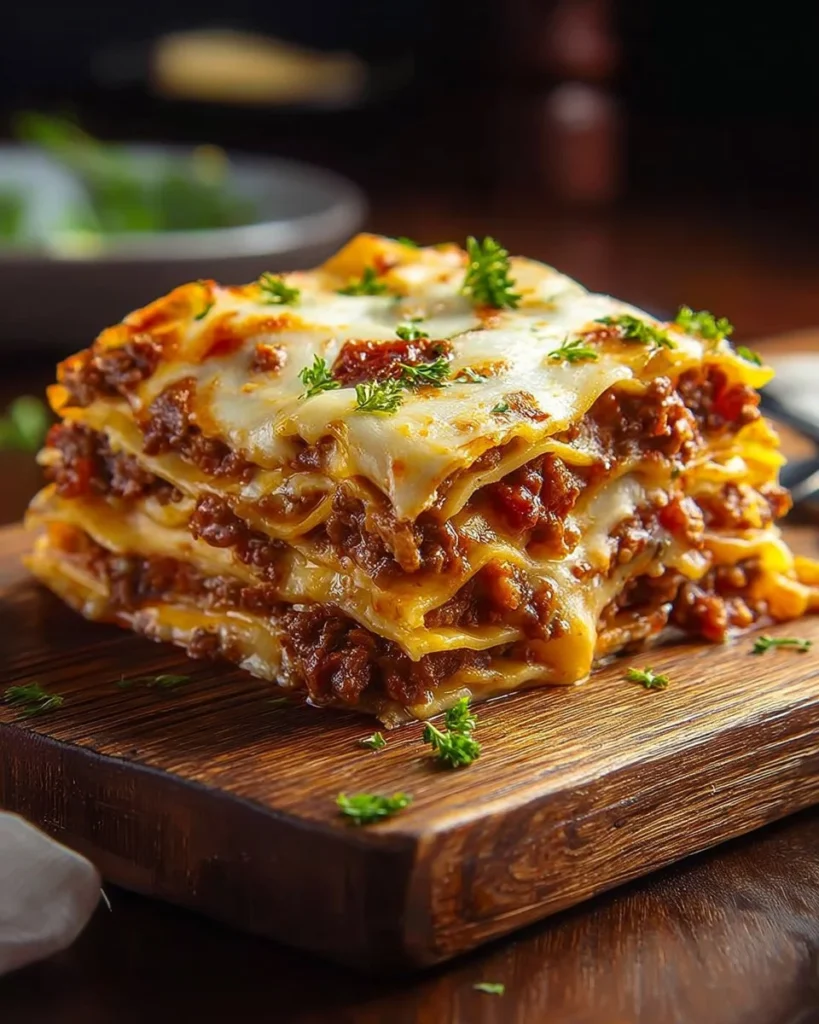 Delicious Parmesan Garlic Bacon Cheeseburger Lasagna layered with cheese and bacon