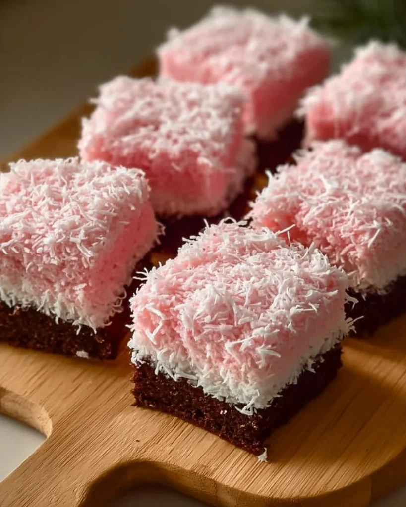 Pink coconut snowball cake bars with coconut flakes and vibrant pink frosting.