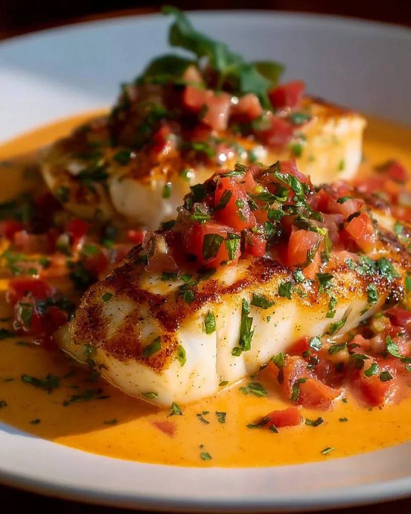 Delicious Red Snapper served with zesty Creole Sauce on a plate.