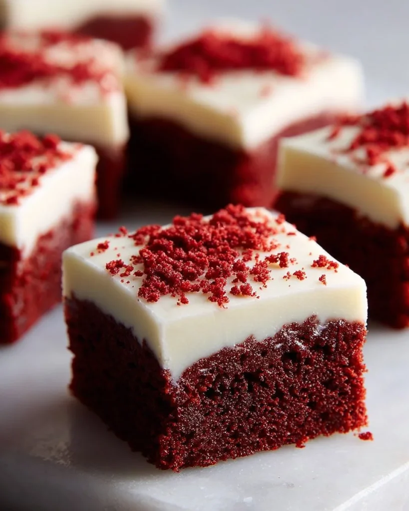 Delicious homemade red velvet brownies with cream cheese frosting