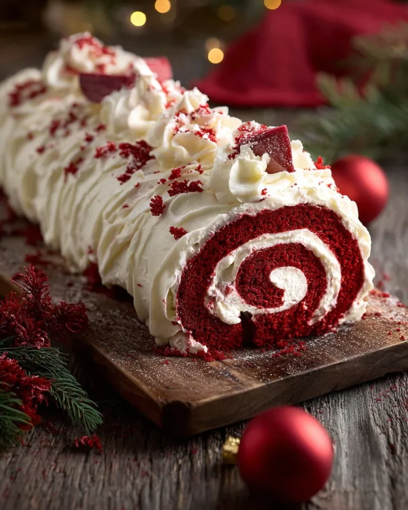 Delicious Red Velvet Yule Log cake decorated for the holidays.