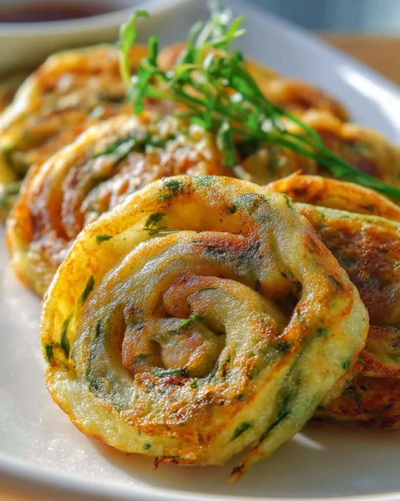 Crispy rice paper scallion pancakes served on a plate