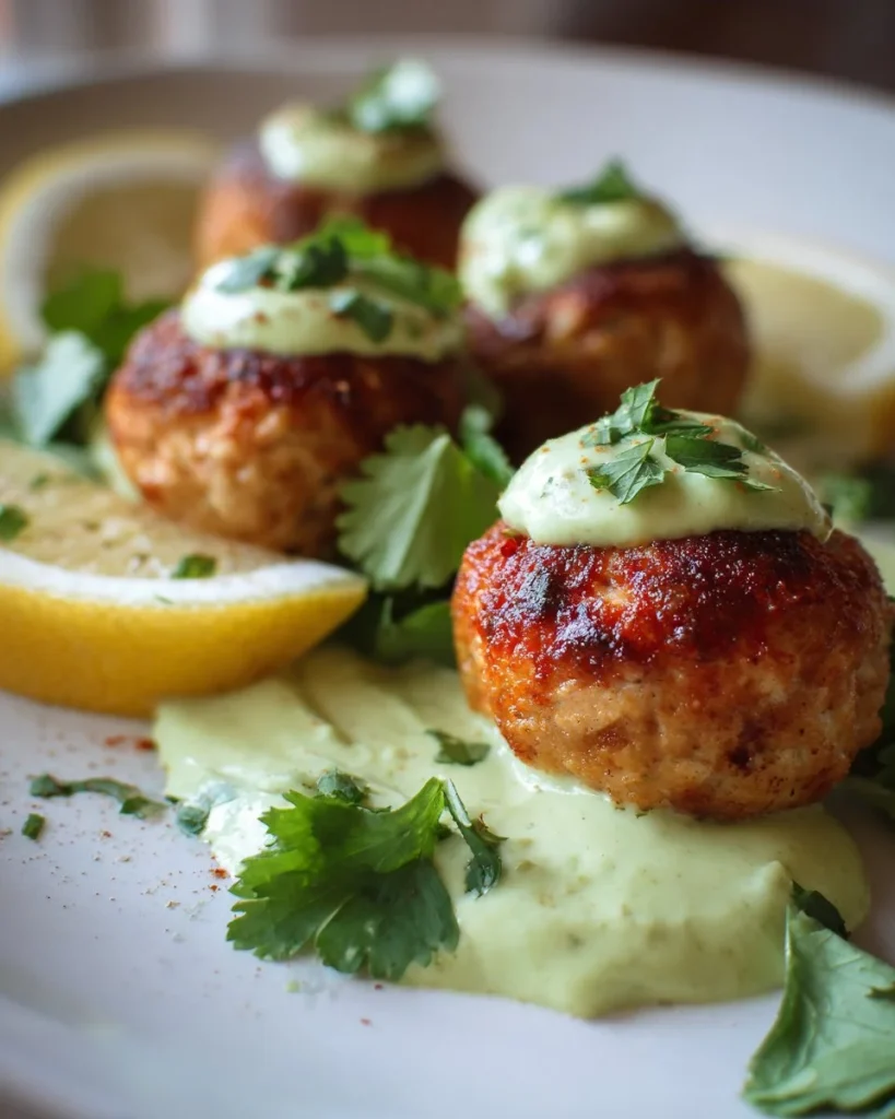 Delicious salmon balls served with creamy avocado sauce on a plate