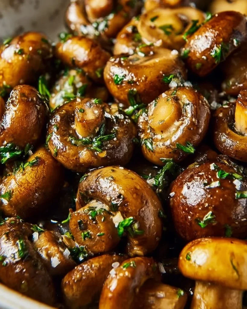 Savory cowboy mushrooms sautéed in garlic butter served in a rustic dish.