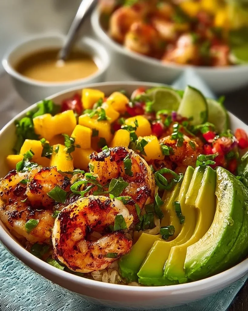 Shrimp avocado bowls with mango salsa and lime-chili sauce served in a bowl