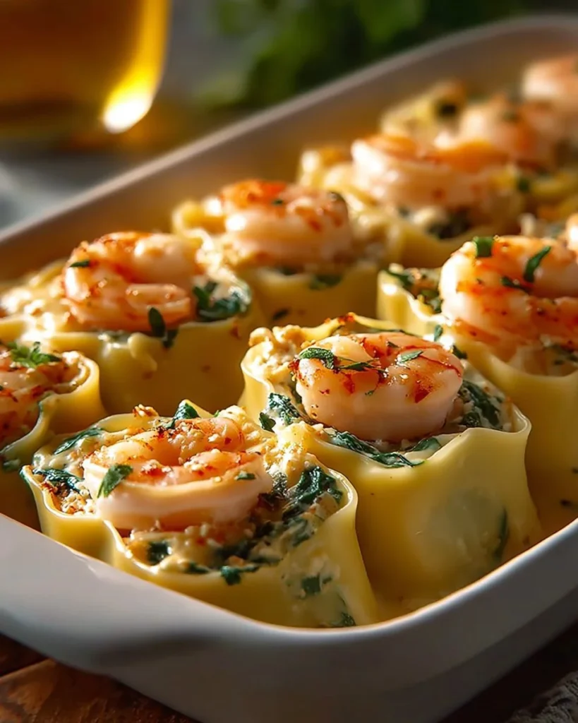 Shrimp and spinach stuffed pasta rolls served with roasted red pepper cream sauce