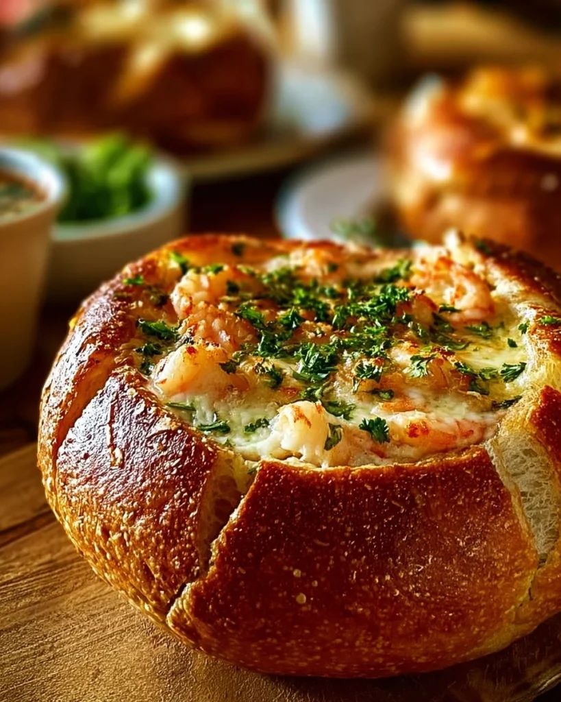 Stuffed seafood bread bowl filled with shrimp, crab, and creamy sauce